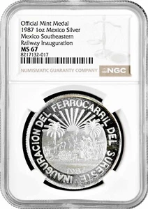 Mexico silver medal 1987, NGC MS67, "Southeastern Railway Inauguration" Pop 1/1 - Picture 1 of 2