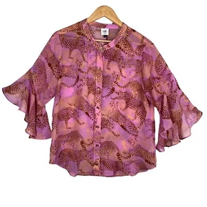 Cabi Minx rosa Leopard Glockenärmel klassische Knopf Bluse Gr. M - Bild 1 von 7