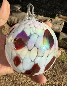 Hand Blown Glass Orb 3.5” Suncatcher Ball Ornament Iridescent Textured Red White - Picture 1 of 6