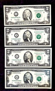 NO RESERVE!! - Lot of 4 $2 Bills w/ Low Serial Numbers; 2003 & 2009 - See Pics - Picture 1 of 2