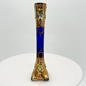 Vintage Bohemian Cobalt Blue Crystal Hand Painted Flowers Bud Vase 6 Inch - Picture 1 of 6