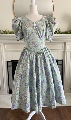 Vintage Laura Ashley Floral Dress Sz 12 - M Puff Sleeve Open Back With Bow 80s - Image 1 of 4