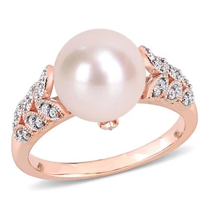 Amour 10k Rose Gold Cultured FW Pearl and 1/6CT TDW Diamond Leaf Ring - Picture 1 of 6