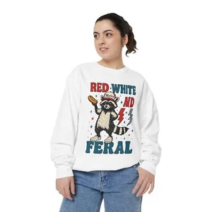Red White and Feral Raccoon Sweatshirt Unisex Garment Dyed Funny Pullover - Picture 1 of 82