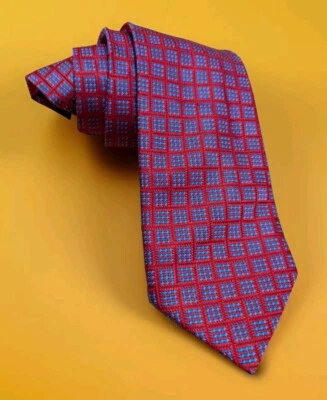 Dormeuil Red Geometric 100% Silk Tie w/ Classic Blue Accents Handmade in France - Image 1 of 4