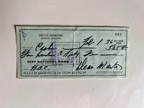Dean Martin Personal Hand Signed Original Check Cover