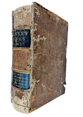 1880 Dickens' Works Volume 1 Antique Leather Charles Dickens Illustrated Damaged - Image 1 of 4