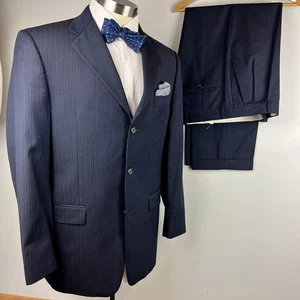 Hickey Freeman Limited 39R black w/ blue stripe 100% wool 2pc suit 30 x 29 pants - Picture 1 of 14