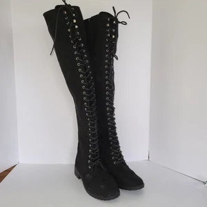 Botas hasta la rodilla Revamped by Sirens para mujer talla 7 negras gamuza con cordones o cremallera - Imagen 1 de 18
