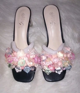 Rouge Women Sandal Shoes Size 8 Clear Black Crystal Beads Medium Heel 2.5 - Picture 1 of 20