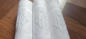 12 XL antike französische Damast Leinen Servietten handgestickt Monogramm RE - Bild 1 von 10