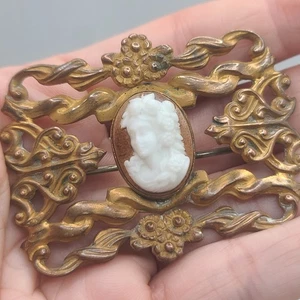 Vintage Kamee Schärpe Brosche goldfarben Blumen - Bild 1 von 9