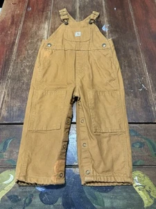 Vintage Carhartt Flannel Lined Bib Overalls Baby Size 18M Brown Double Knee Farm - Picture 1 of 12