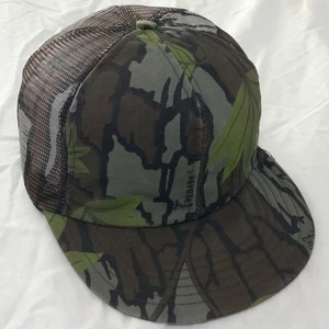 80s 90s TREBARK on Mesh Green Leaf Camouflage Snapback Trucker Hat Vintage USA - Picture 1 of 13