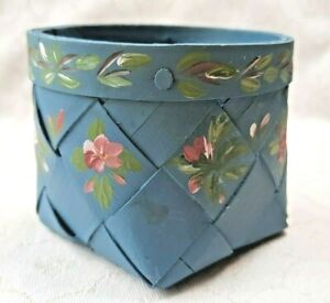 Swedish blue woven basket with hand painted flowers