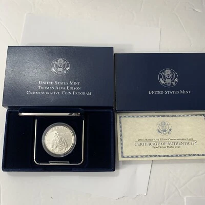 2004 P Thomas Alva Edison BU US Mint 90% Silver Dollar UNC Coin with Box and COA - Image 1 of 4