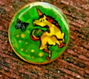 Vintage Enamel Unicorns Chasing a Butterfly Reflective Green Hat Pin Size 1" Dia - Picture 1 of 2