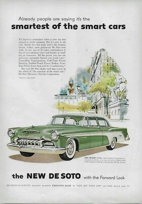 1955 De Soto Sedan Verde Branco Ilustração Parque da Cidade Cor ANÚNCIO IMPRESSO VINTAGE - Imagem 1 de 2