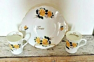 YELLOW ROSE "50TH ANNIVERSARY" FINE BONE CHINA PLATE & 2 MUGS - ENGLAND - Picture 1 of 11