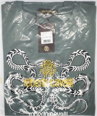 Roberto Cavalli HST616 Military Green Crew Neck Graphic 100% Cotton Men's TShirt - Image 1 of 4