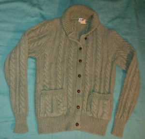 VTG Shetland Wool Orvis Green Cable Knit Fisherman Cardigan Sweater Size Large - Picture 1 of 8