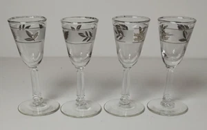Libbey Silver Foliage Leaf Frosted Set Of 4 Cordial Liqueur Glasses 4 1/4” VTG - Picture 1 of 5
