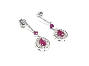14k White Gold .50ct Round Cut White Diamond Pear Shape .85ct Ruby Earrings  - Picture 1 of 5