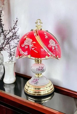 Vintage Roses Color Glass and Brass Touch Lamp  - Image 1 of 4