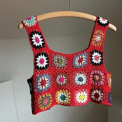 Vintage granny square hand crocheted crop top hippie patchwork boho festival - Image 1 of 4