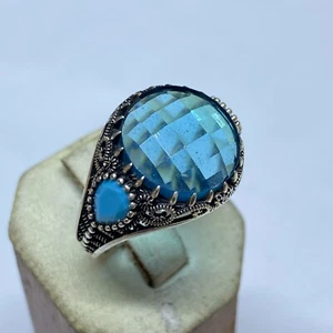 Handmade 925 Silver Men's Ring Aquamarine Stone US 11 – 6.8g Unique Style - Picture 1 of 3