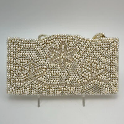 Bolso sin asas de noche con cuentas marfil de colección forro satinado fiesta formal 8" hecho en Japón Foto 1 de 4