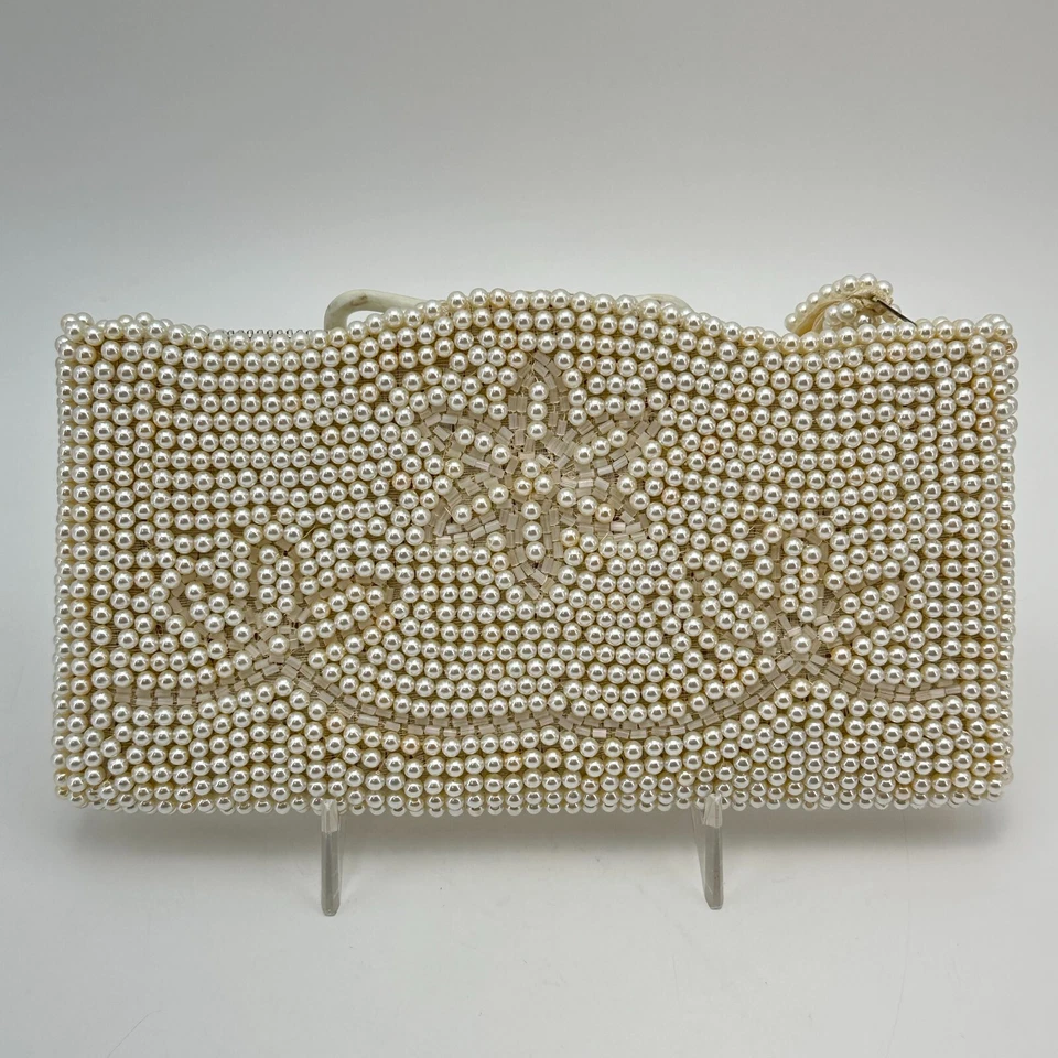 Bolso sin asas de noche con cuentas marfil de colección forro satinado fiesta formal 8" hecho en Japón Foto 1 de 4