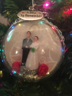 Handcrafted  2016 Wedding Christmas ornament~~clear ball w/vtg bride & groom  - Image 1 of 4