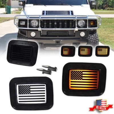 For 03-09 Hummer H2 Smoke US Flag Switchback LED Front Bumper DRL Signal Lights - Image 1 of 4