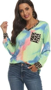 Para mujeres Informal Cuello en V Mangas Largas Prendas para el torso Tie Dye Camiseta con Bolsillo - Imagen 1 de 23