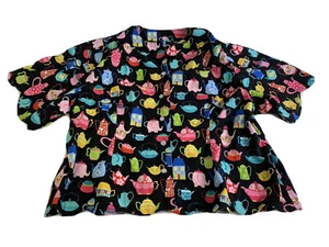 Tetera negra de algodón cosida a mano festoneada 1X Plus manga corta con botones - Imagen 1 de 9