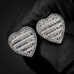 Women's Iced White Gold 925 Sterling Silver Cute Baguette Heart Stud Earrings - Picture 1 of 7