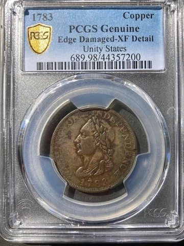 1783 WASHINGTON & INDEPENDENCE (UNITY STATES)  PCGS XF Details w/ Edge Damage Cover
