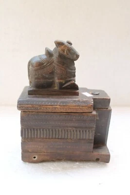 Antique Old Wooden Nandi Cow Engrave Lid Tikka  / Spices Box Home Decor NH4903 - Image 1 of 4