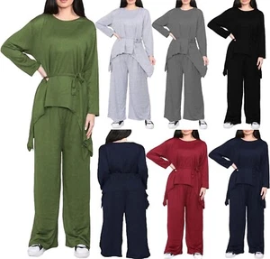 Womens Knitted Hanky Hem Belted 2 Piece Set Waterfall Top &Palazzo Suit - Picture 1 of 15