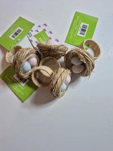New 4 Birds Nest Eggs Napkin Rings Rope Natural Style Decor Brown Tan Boho - Picture 1 of 7