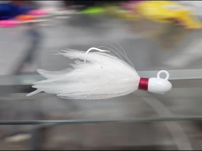 CARLITOS CUSTOM JIGS saltwater Bucktail jig white with red collar and crystal flash 1/2oz up to 3oz
