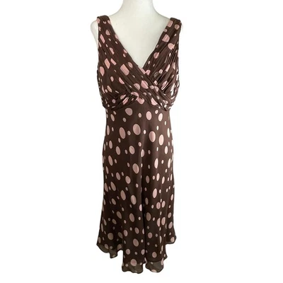 Anne Klein 14P шелк Y2K горошек платье коричневый розовый собранными в Рюш без рукавов Midi - Изображение 1 из 4