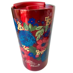 Taza de café Pioneer Woman roja floral de acero inoxidable con doble aislamiento - Imagen 1 de 12