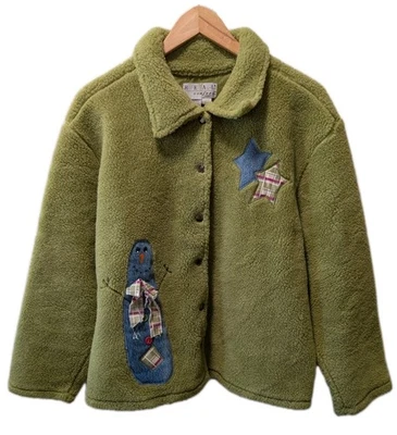 Casaco de lã vintage anos 90 REAL conforto L verde Sherpa aplique estrela boneco de neve  - Imagem 1 de 4