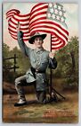 Patriotic~Kneeling Calvary Soldier With Us Flag~Poem Pledge~Vintage Postcard