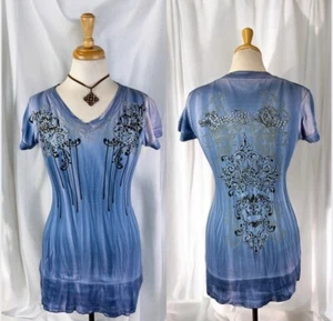 Y2K Top Short Sleeve Cyber Grunge Mall Goth Fairycore Blue Rhinestones Bling L - Picture 1 of 11