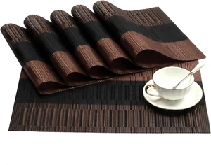 6pcs Dining Table Mats Woven Vinyl Placemats Heat Resistant Coffee Black 18x12" - Picture 1 of 12