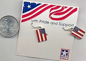 PAIR SILVER RED, WHITE & BLUE USA FLAG DANGLE EARRINGS - MADE IN THE USA X169 - Picture 1 of 1