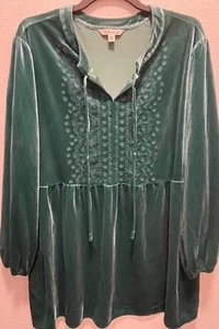 NWT The Pioneer Woman Embroidered Velvet Velour Top Tunic Size XXXL Green - Foto 1 di 6